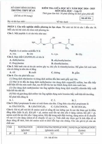 Đề thi Giữa kì 1 Hóa học 12 năm 2024-2025 trường THPT Dĩ An (Bình Dương)